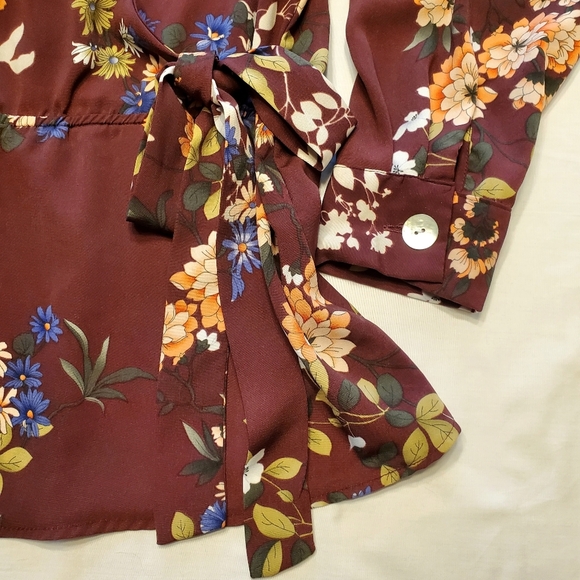 Dex Women's Plus Size 2XL Floral Faux Wrap Top Long Sleeved Elastic Waist Wine - Picture 3 of 7